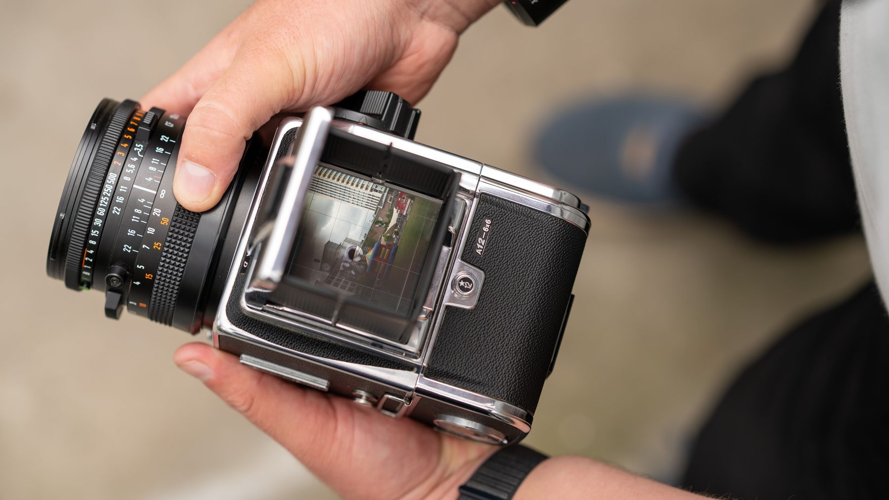 Detail of a Hasselblad medium-format camera during the interview.