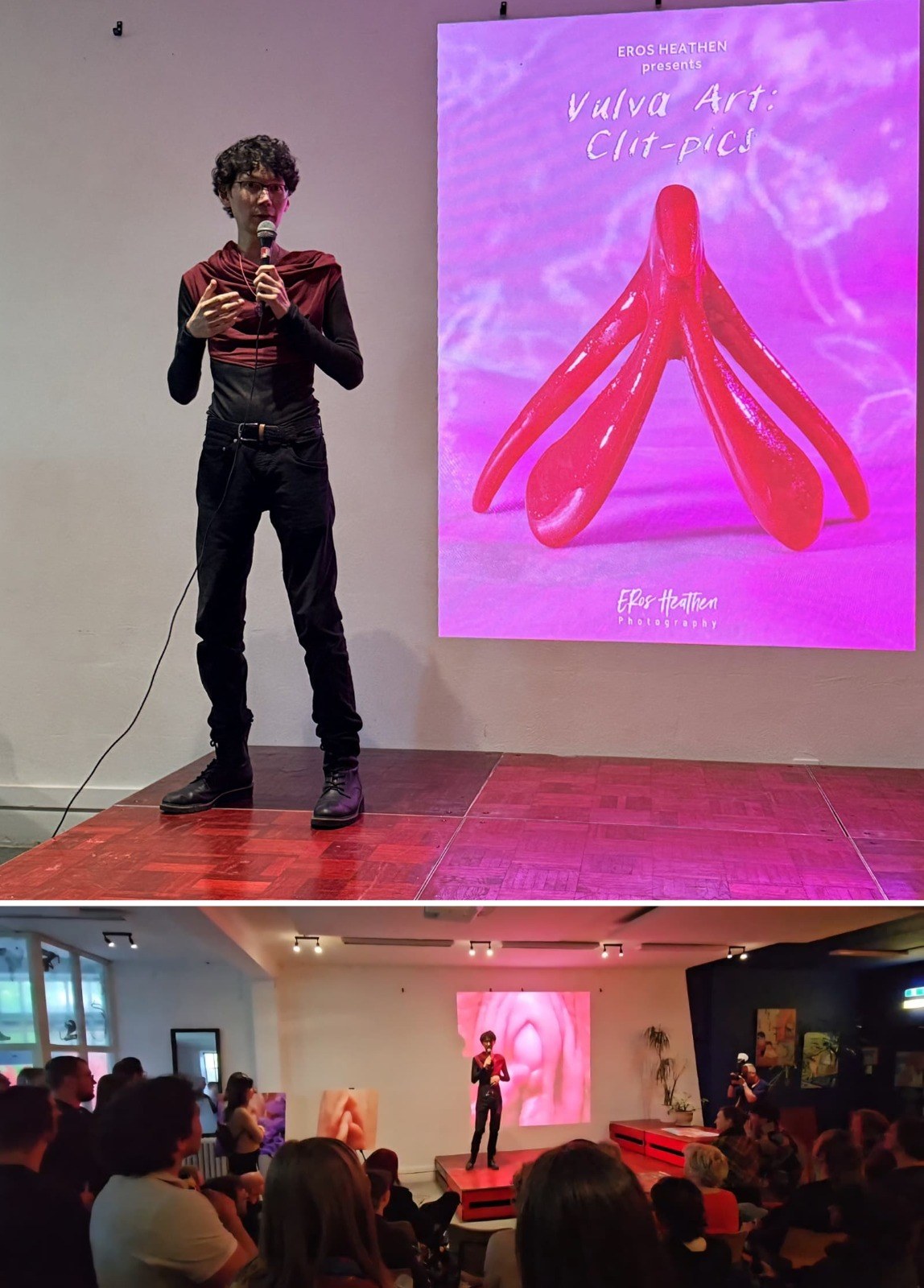 Elwin Rijken tijdens een presentatie van Vulva Art: Clit-Pics.
