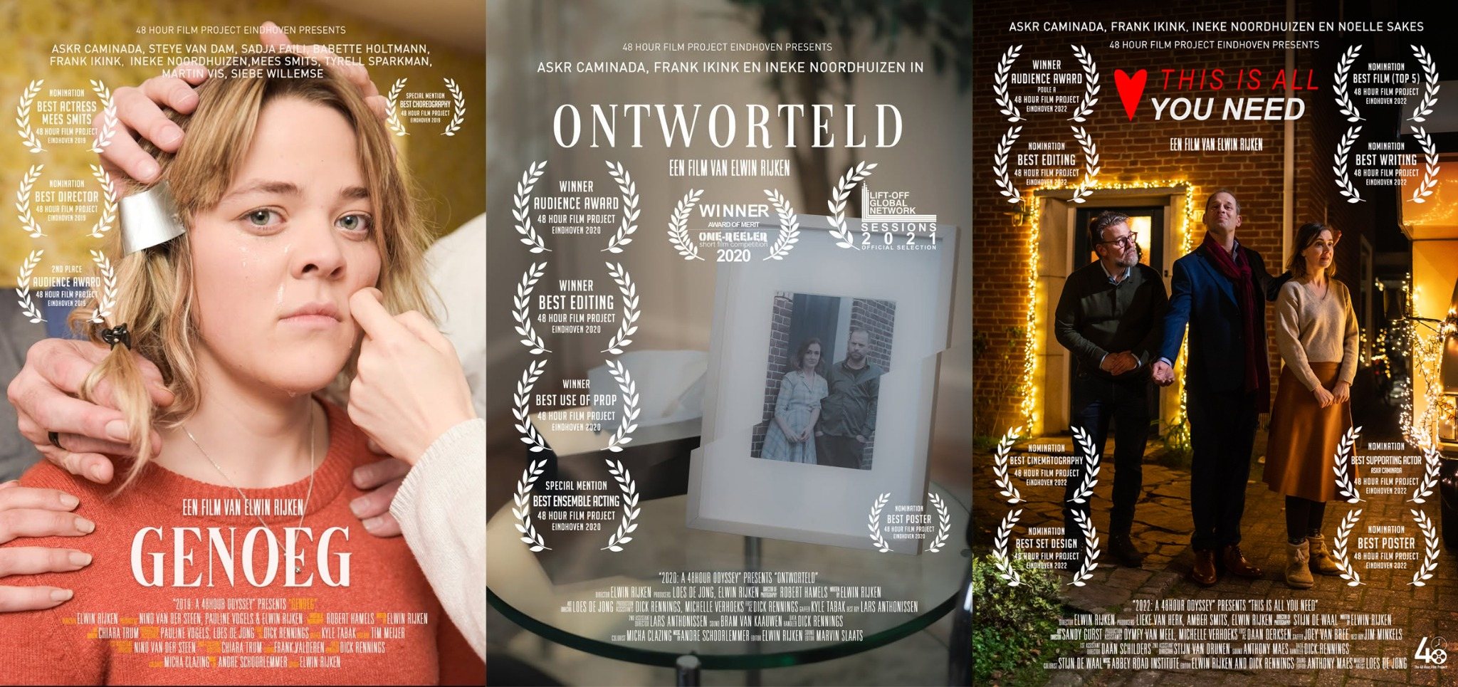 Posters van de korte films Genoeg, Ontworteld en This Is All You Need van Elwin Rijken.