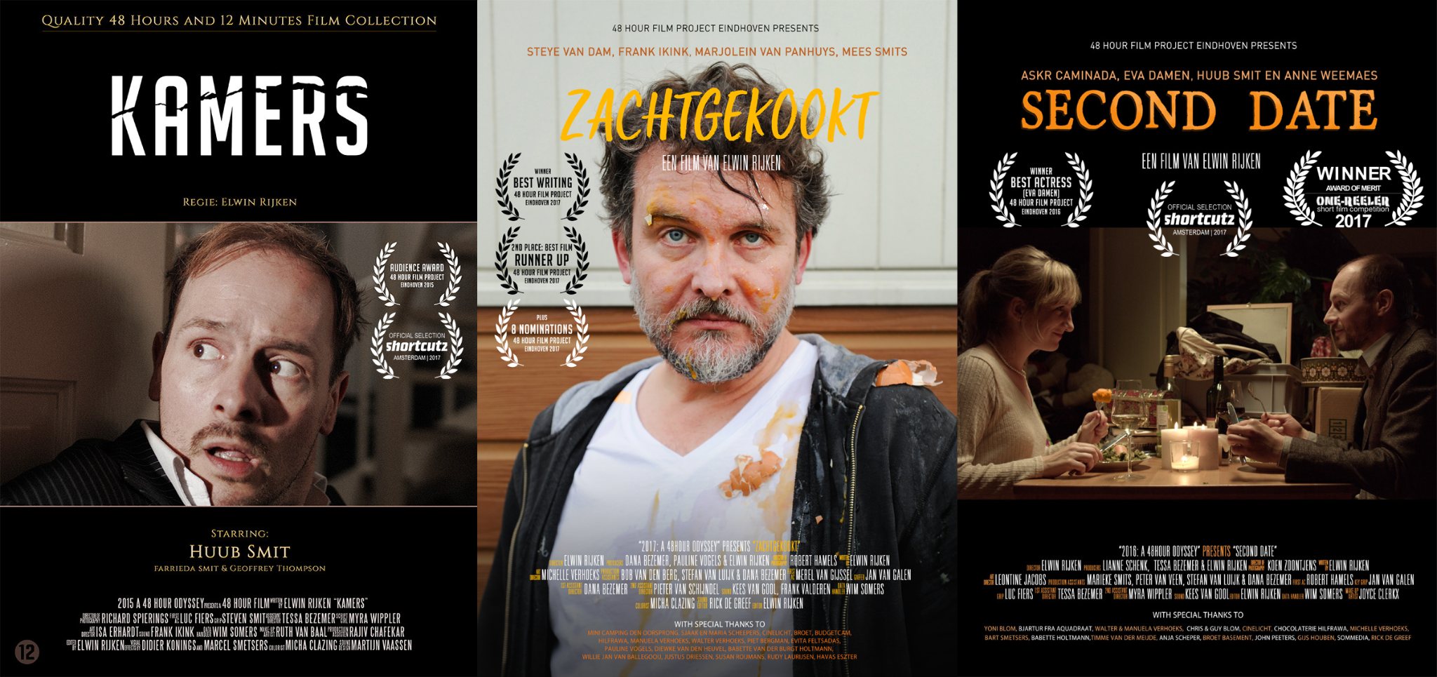 Posters van de korte films Kamers, Zachtgekookt en Second Date van Elwin Rijken.