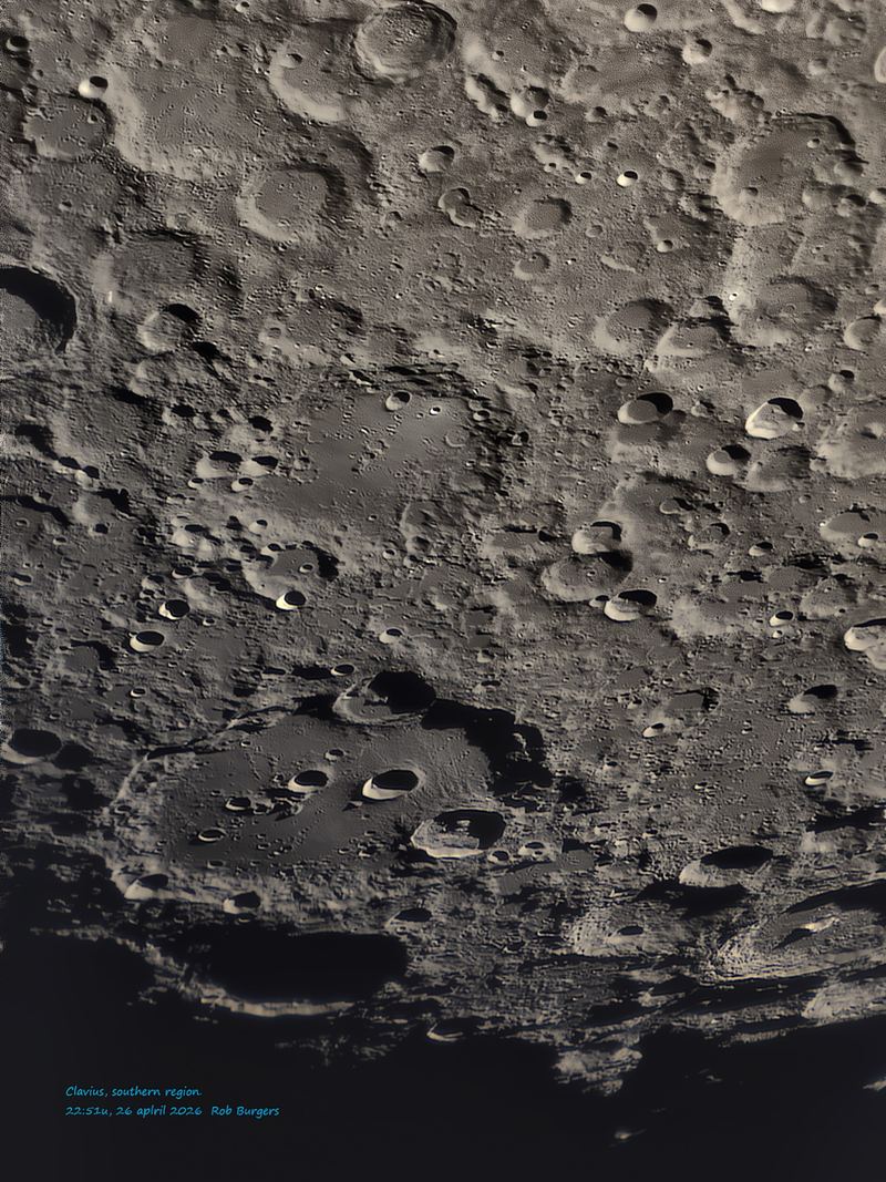Clavius en het zuidelijke maangebied, gefotografeerd vanuit Eindhoven door Rob Burgers.