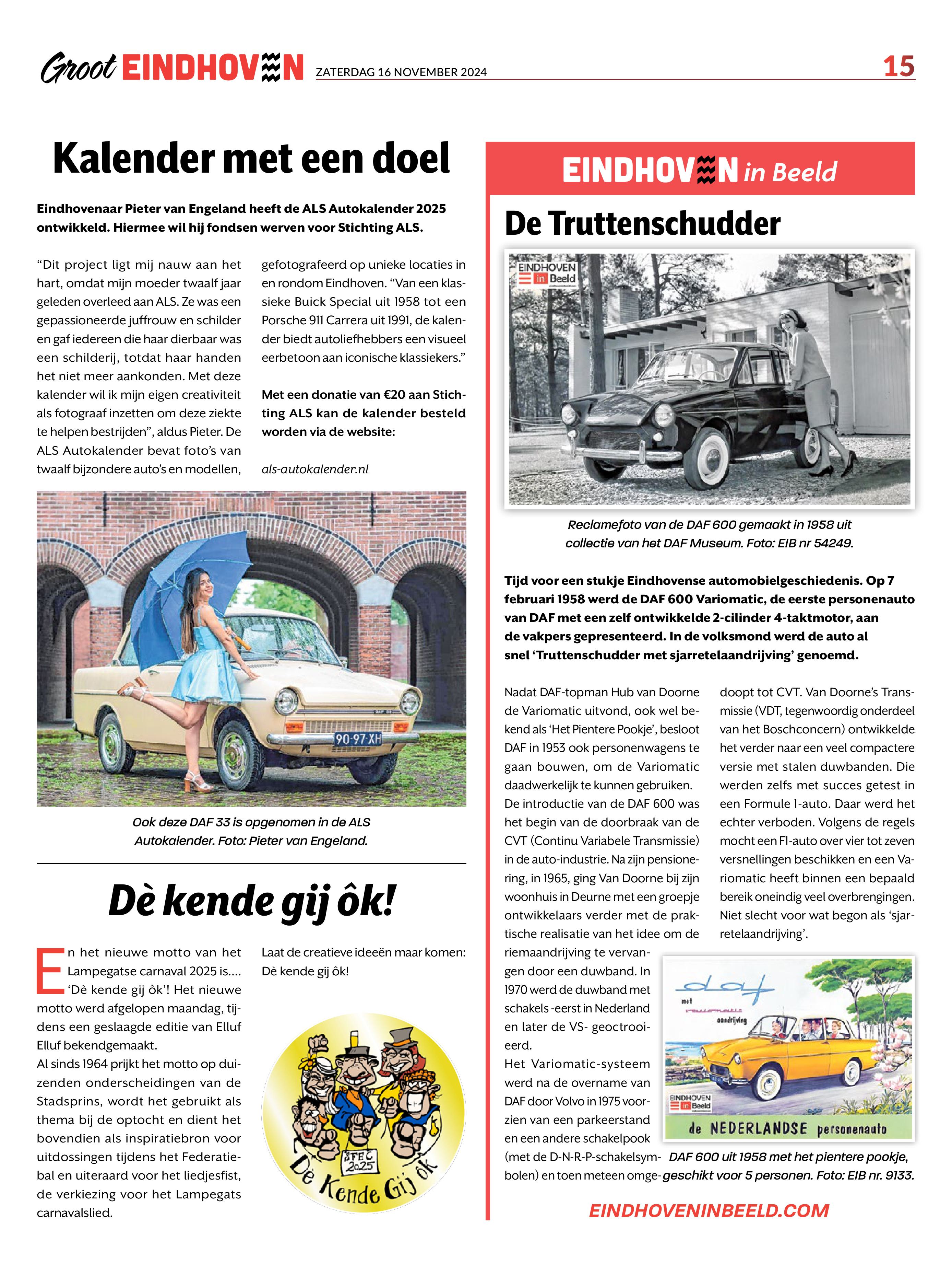 Publicatie over de ALS Autokalender 2025 in Groot Eindhoven